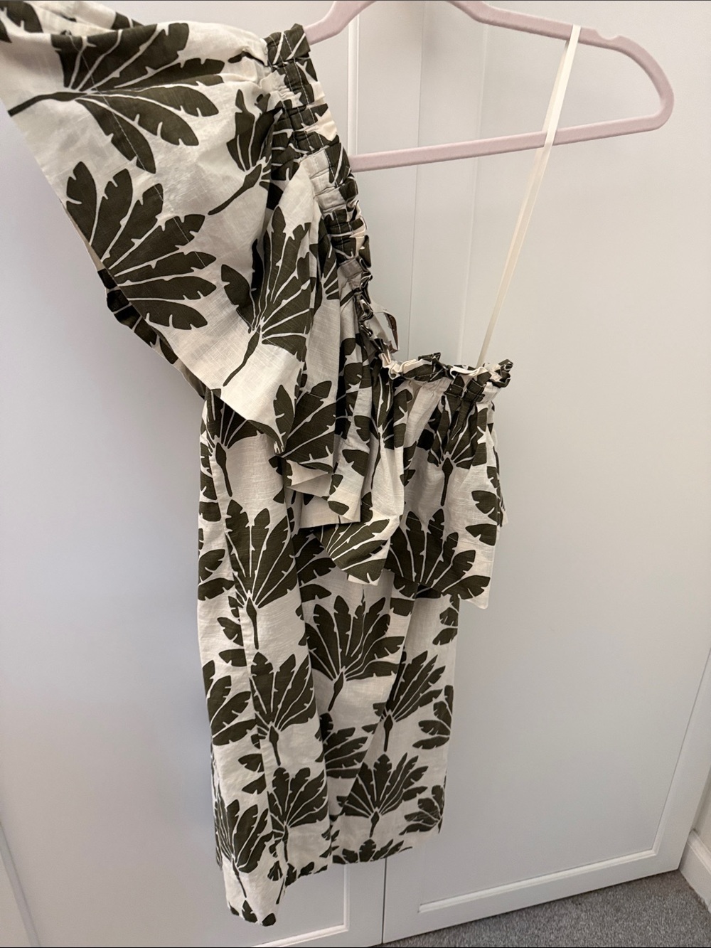 LOFT One-Shoulder Ruffle Dress in Olive Green and Cream - Picture 4 of 4